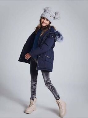 Appaman Girls' Navy Hooded Puffer Coat with Faux-Fur Trim
